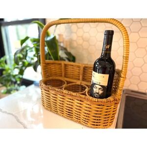 Vintage Woven Wicker Wine Bottle Carrier 3-Slot Rattan Picnic Caddy with Handle